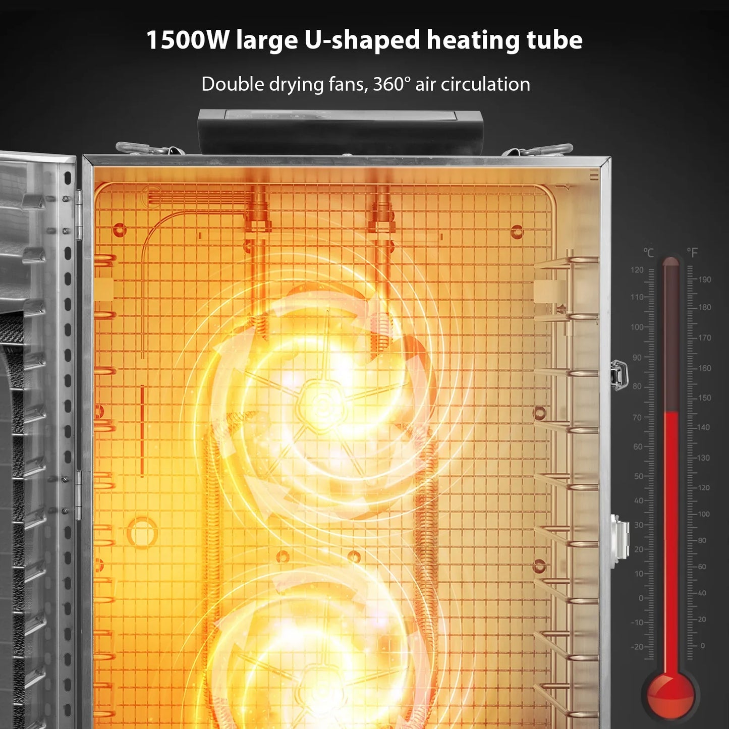 Commercial Grade Food Dehydrator Machine 110V 1500W Stainless Steel 20 Trays Capacity Touch Control LED Display 24H Timer Dryer