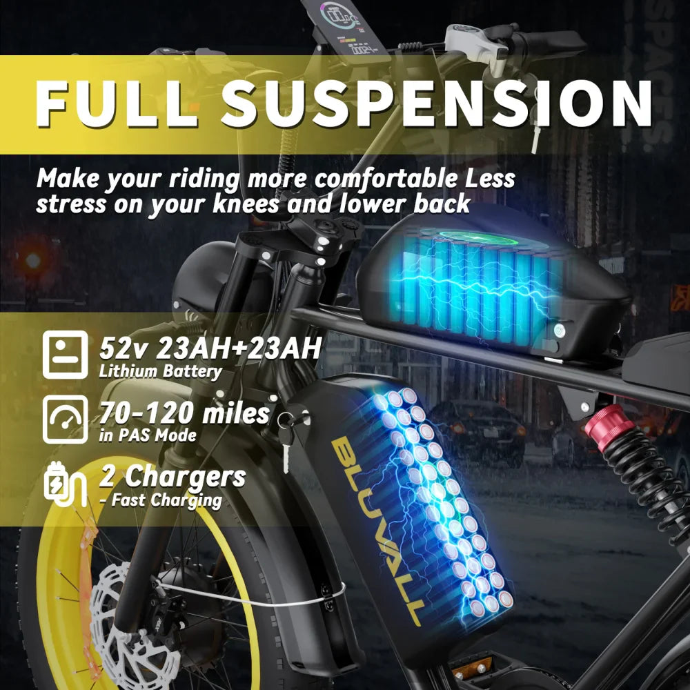 2000W Dual-Motor Electric Bike 52V 46AH Removable Battery Full Suspension Fat Tire Hydraulic Brake Adult Mountain Off-Road Ebike