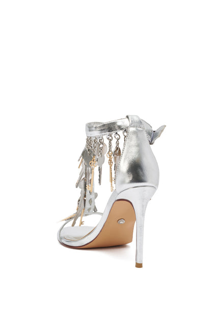 AKIRA GOLD ANNIKI SILVER KEY EMBELLISHED NOVELTY STILETTO SANDAL