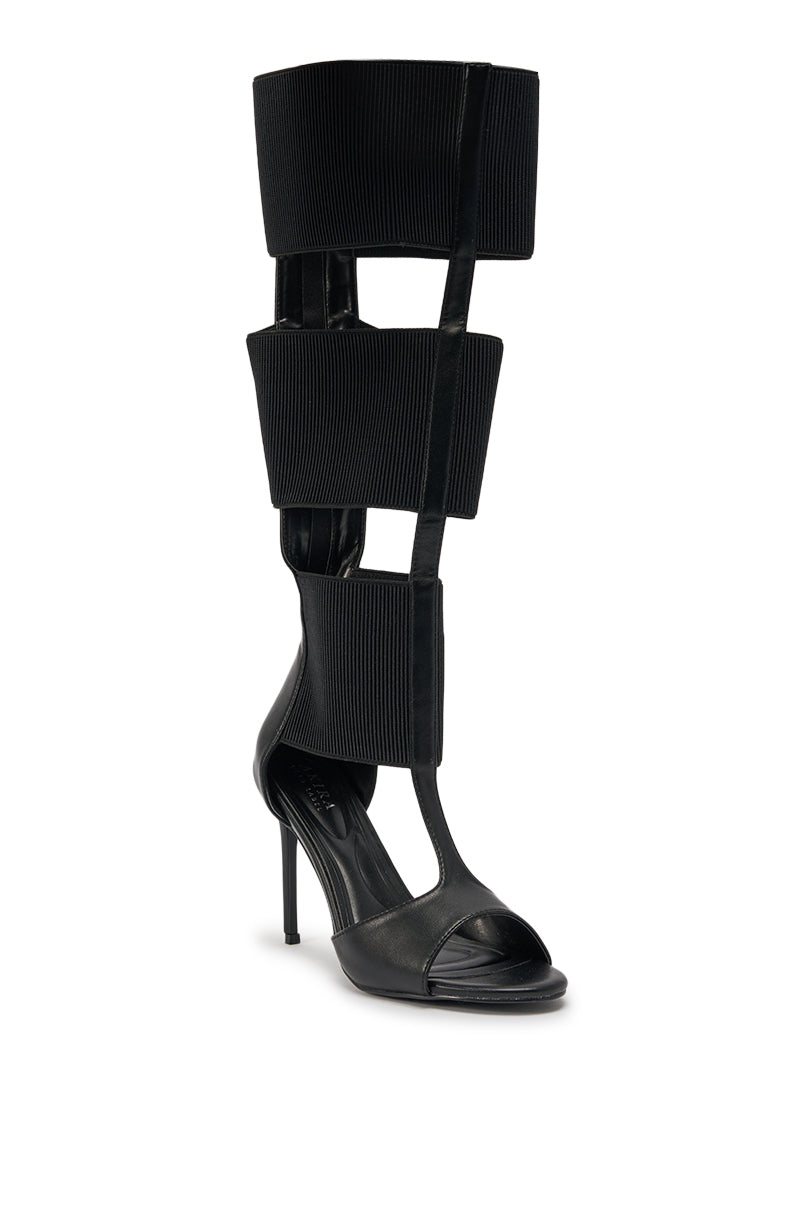 AKIRA GOLD BELLANTRA BLACK GLADIATOR STILETTO SANDAL