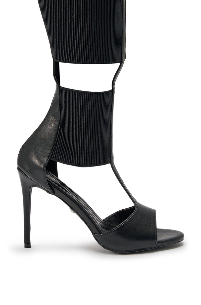 AKIRA GOLD BELLANTRA BLACK GLADIATOR STILETTO SANDAL