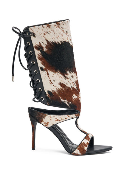 AKIRA GOLD CALF HAIR LACE UP GLADIATOR STILETTO SANDAL