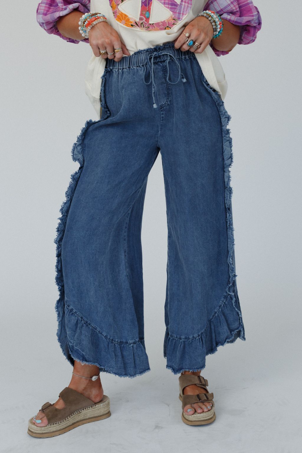 Drift Wave Ruffle Wide Leg Pants - Denim - Pre Order