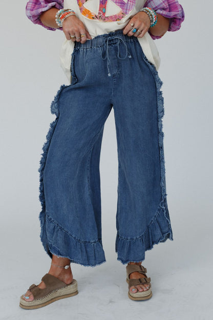 Drift Wave Ruffle Wide Leg Pants - Denim - Pre Order