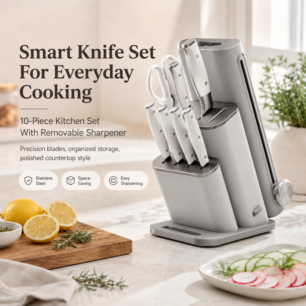 10‑Piece Knife Set with Removable Ceramic Sharpener