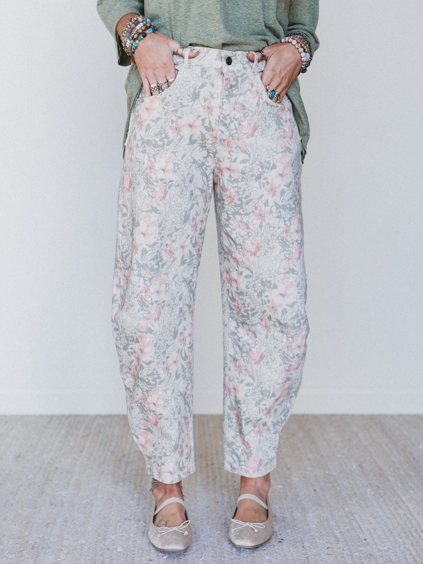 Antoinette Barrel Jeans - Khaki Floral - Pre Order