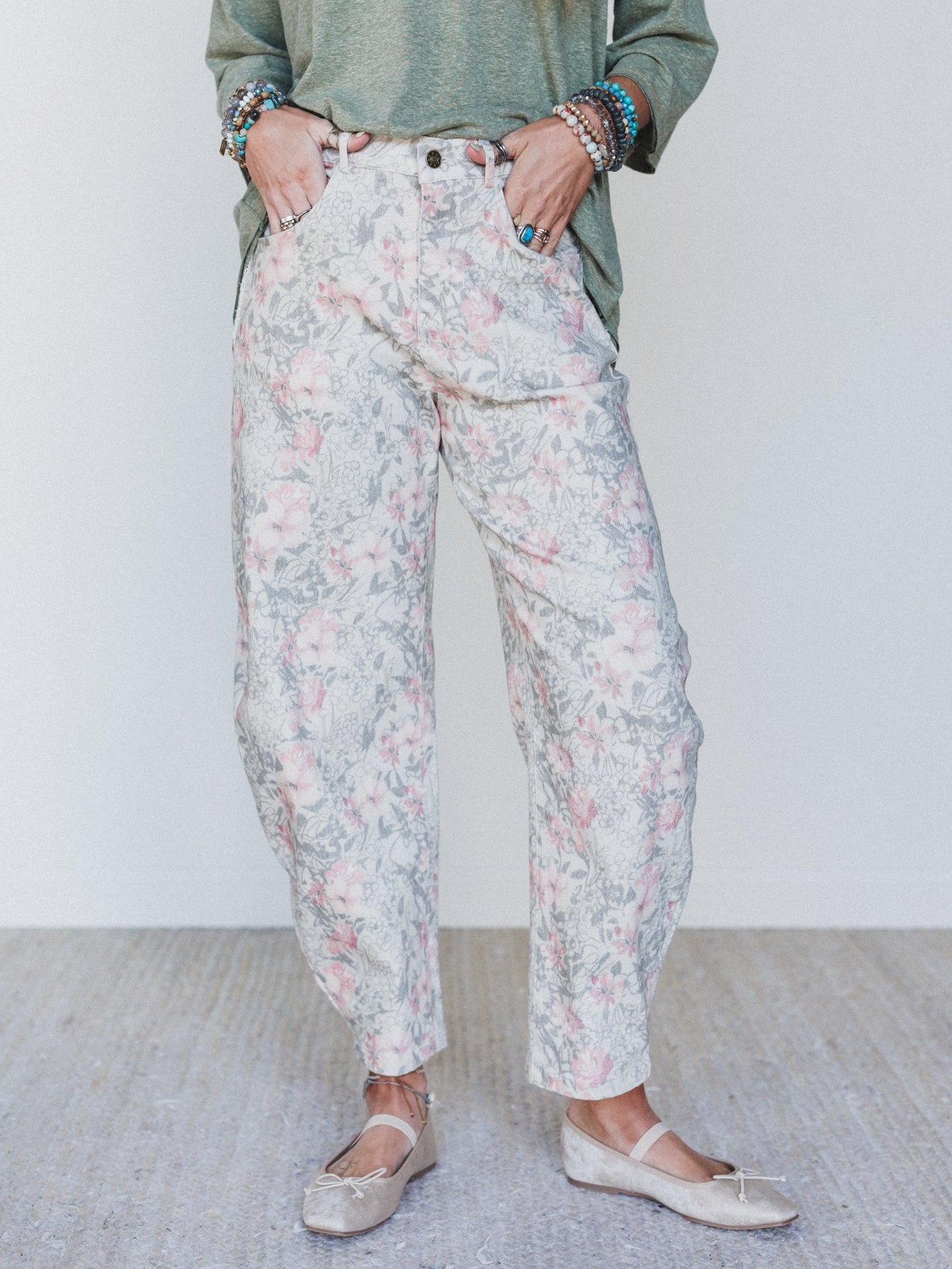 Antoinette Barrel Jeans - Khaki Floral - Pre Order