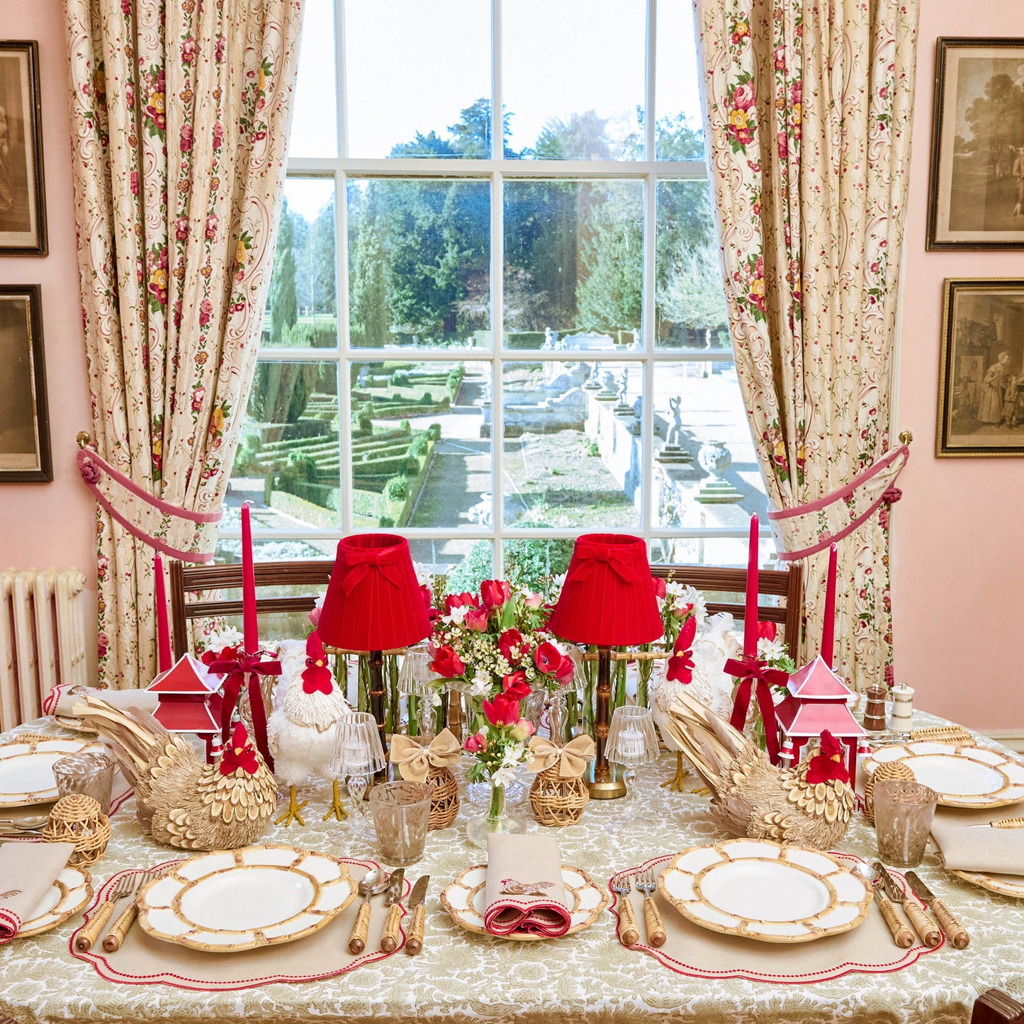 Putty & Red Eloise Linen Placemats & Henrietta Hen Napkins (Set of 4)