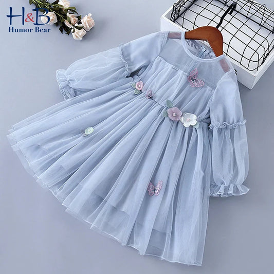 Humor Bear Girls Dress Spring Autumn Long Sleeve Cartoon  Printed Princess  Sweet  Mesh Yarn Children Clothes