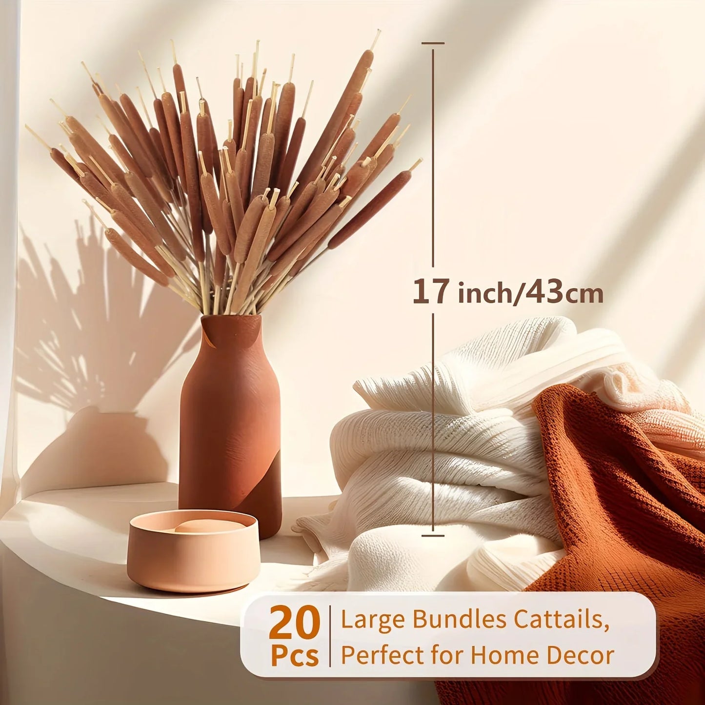 20pcs Realistic Dried Cattail Stems - Natural Brown, Long 17" Bundles for Wedding, Home, Office, Garden Decor - Rustic Floral