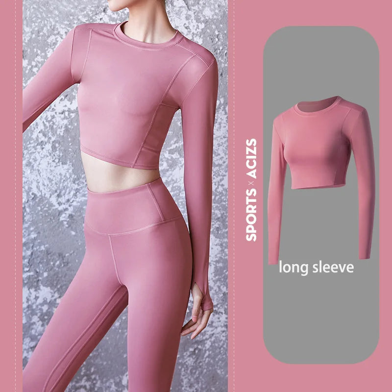 2022 New Sportswear Long Sleeve Top Pants Yoga Suit High Waist Peach Buttocks Seamless Leggings With Mesh Pocket Fitness Gym Set