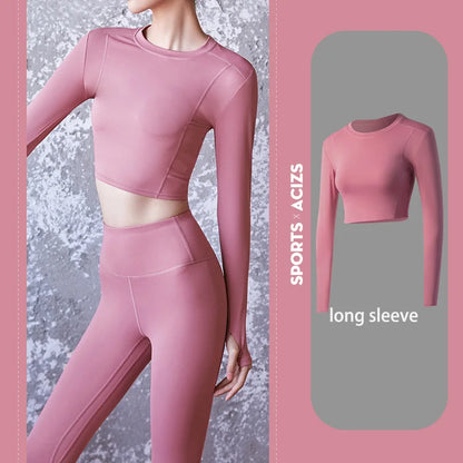 2022 New Sportswear Long Sleeve Top Pants Yoga Suit High Waist Peach Buttocks Seamless Leggings With Mesh Pocket Fitness Gym Set