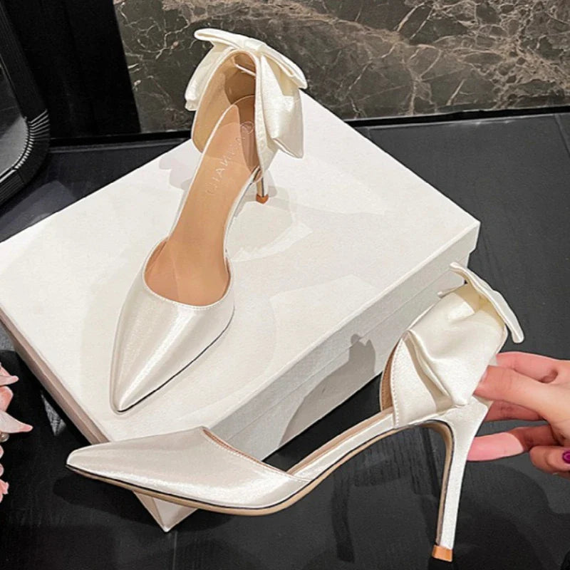 9CM/7CM Silk Material Zapatos Tacon Mujer Party Sexy New European Fashion White Pointed Heel Women's Pumps