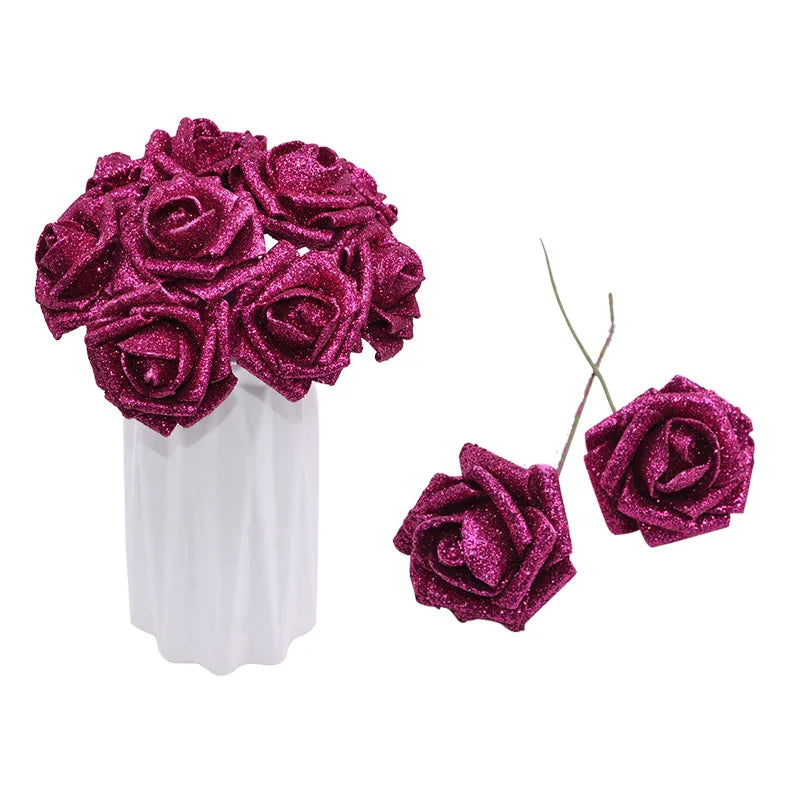10pcs 6.5cm Glitter Foam Rose Artificial Flower Bridal Bouquet Fake Flower DIY Wreath Craft Christmas Wedding Party Home Decor