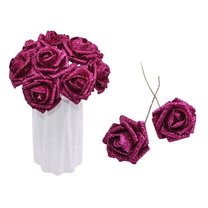 10pcs 6.5cm Glitter Foam Rose Artificial Flower Bridal Bouquet Fake Flower DIY Wreath Craft Christmas Wedding Party Home Decor