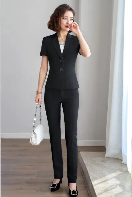 Naviu New Fashion Women Formal Suits Business Temperament Short Sleeve Slim Blazer and Trousers Office Ladies Work Wear