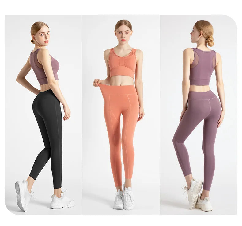 2022 New Sportswear Long Sleeve Top Pants Yoga Suit High Waist Peach Buttocks Seamless Leggings With Mesh Pocket Fitness Gym Set
