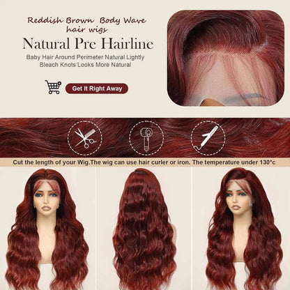 34 Inch Reddish Brown Body Wave HD Lace Front Human Hair Wig PrePlucked 13x4 Colored Human Hair Glueless Lace Frontal Wigs