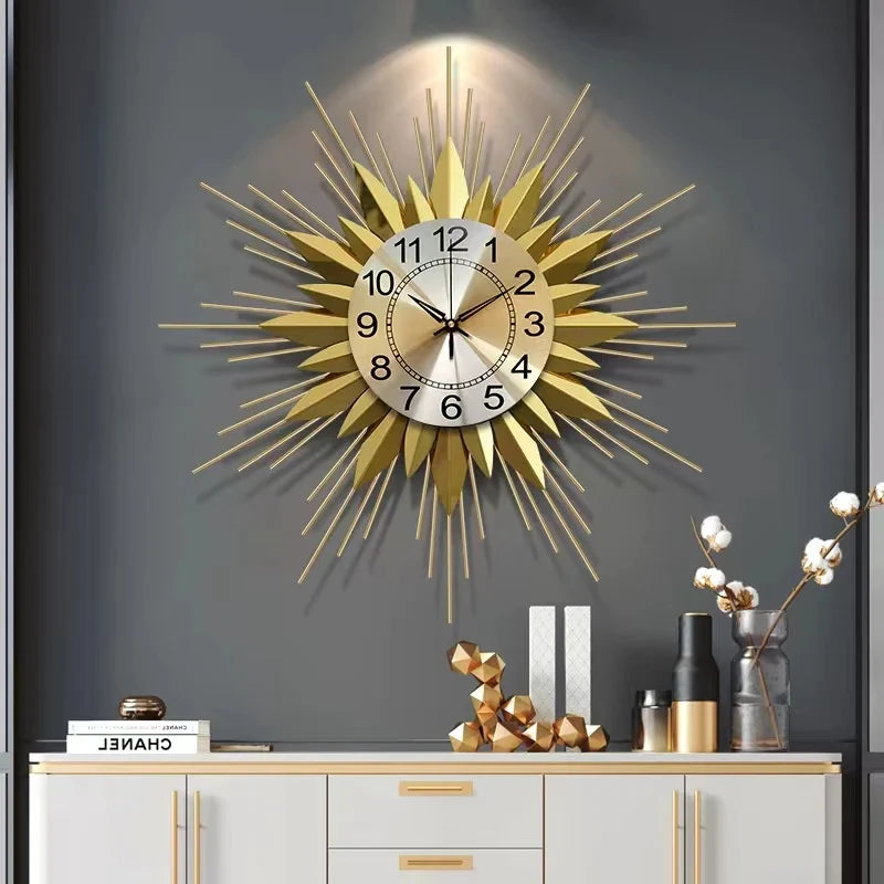 55cm Golden Sun Clock Living Room Household Decor Iron Art Modern Nordic Luxury High-end Creative Hanging Watch Dropshipping DDP
