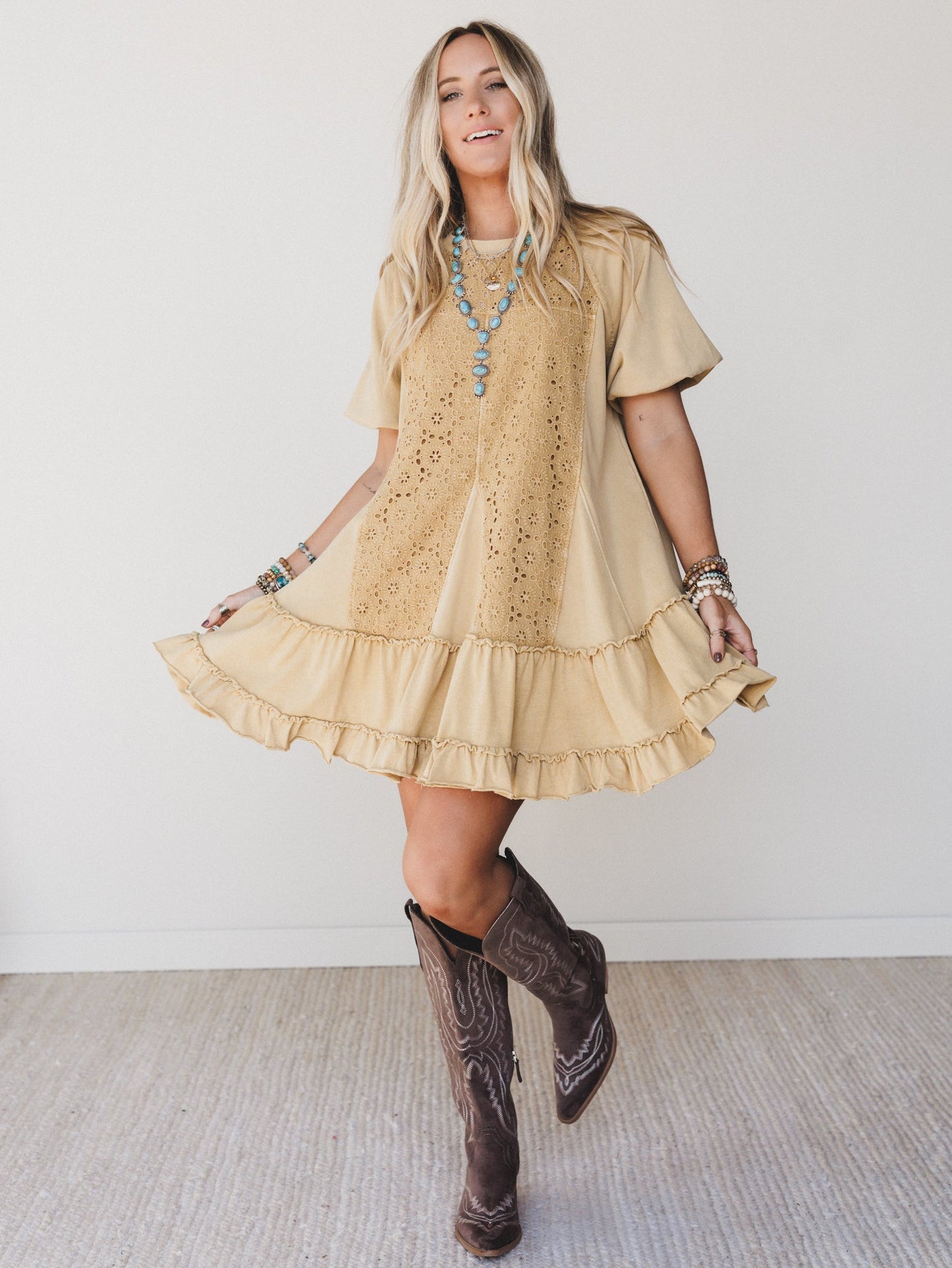 Dottie Crochet Contrast Dress - Light Mustard - Pre Order