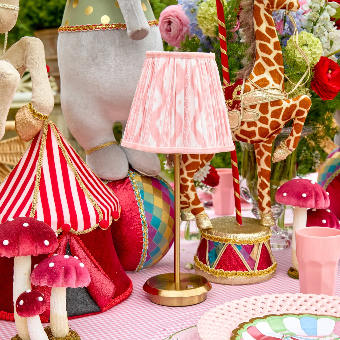 Tall Rechargeable Lamp with Pink Ikat Shade (18cm)