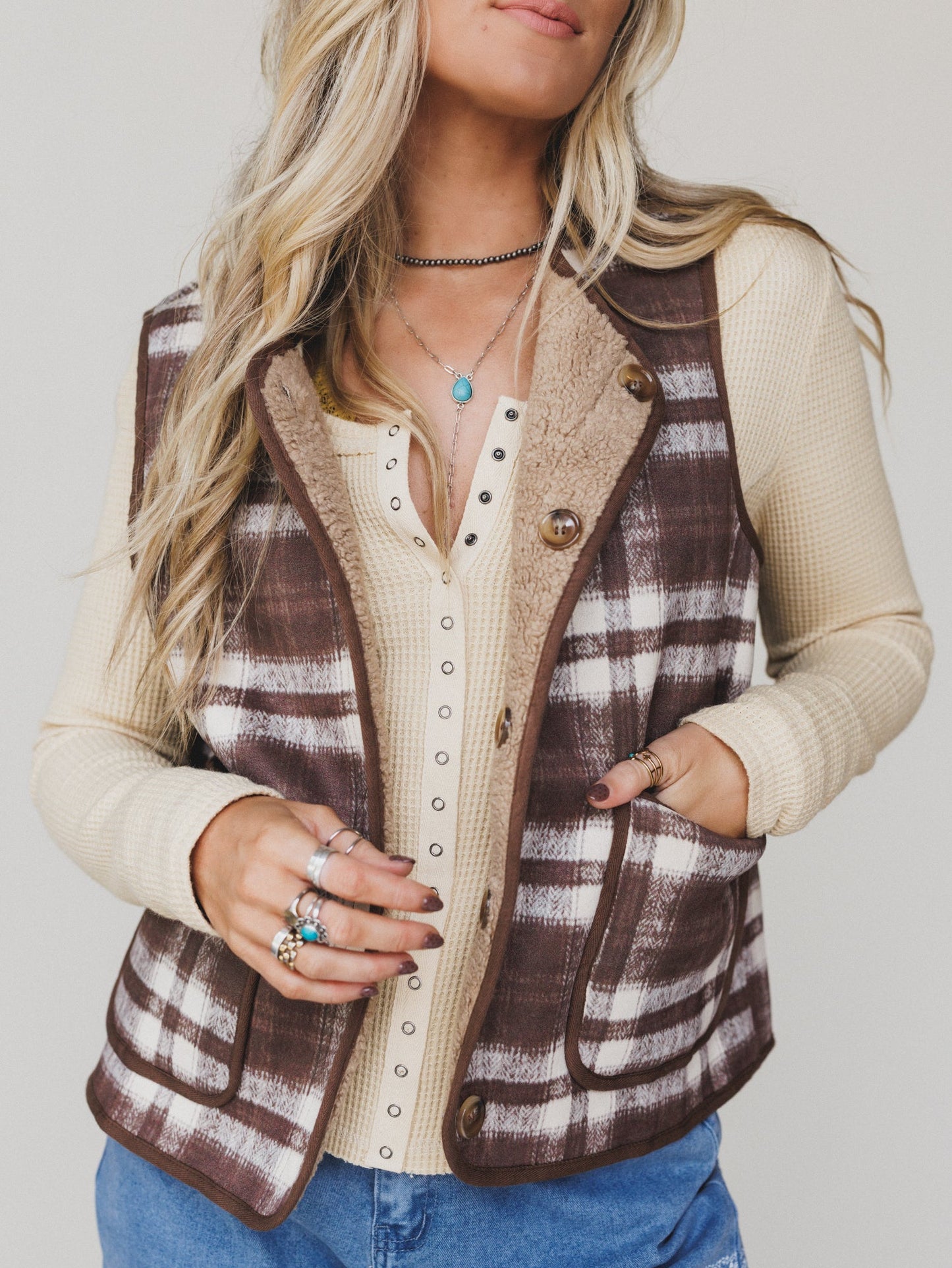 Driftwood Plaid Reversible Vest - Mocha - Pre Order