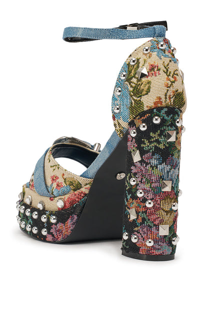 AKIRA GOLD ODE DENIM MULTI CHUNKY RHINESTONE SANDAL