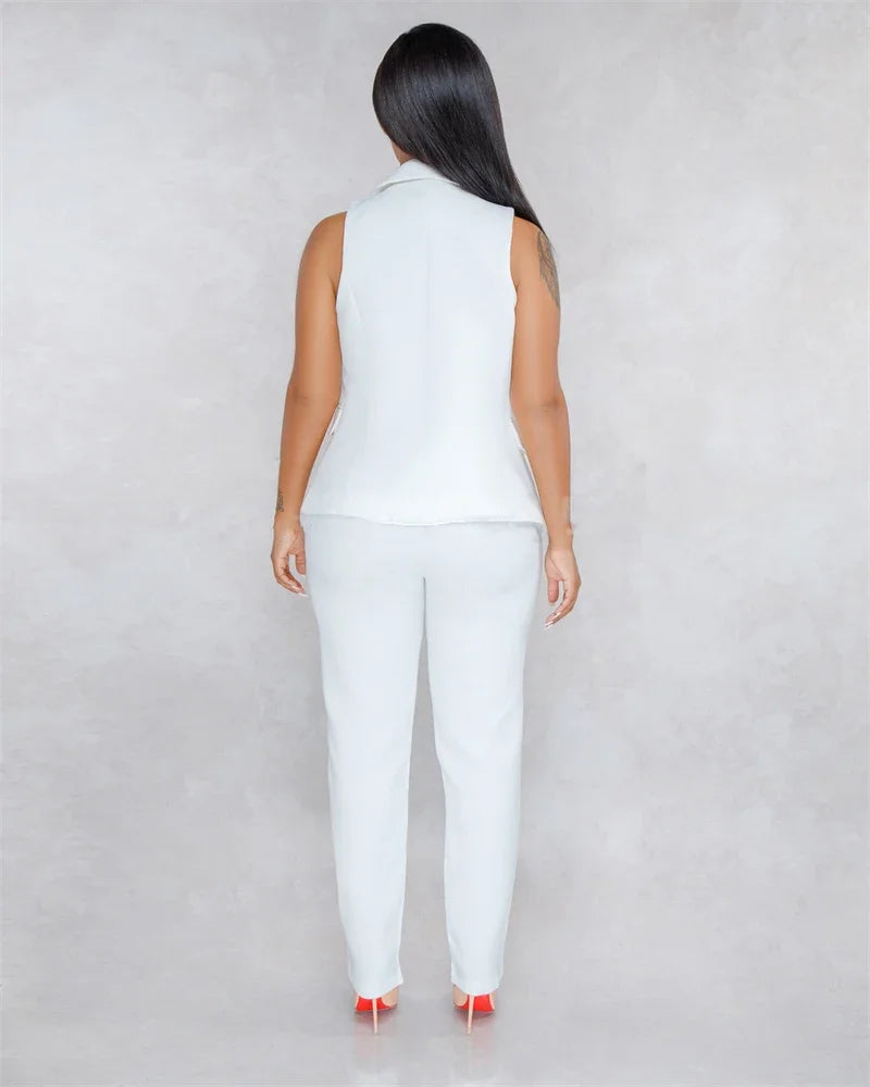 Business Work Wear Two Piece Pant Suits for Women Sets Elegant Sleeveless Blazer Top and Pencil Pants Office Lady Matching Sets