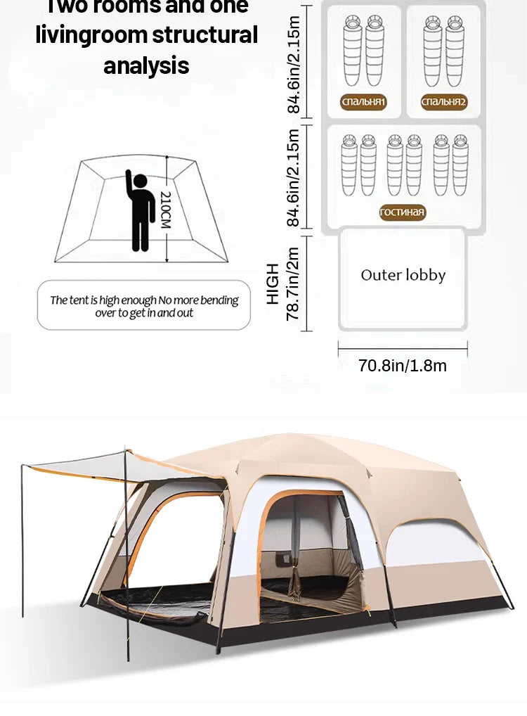 4-Season Camping Tent – 3-12 Person Waterproof Double Layer 2-Room Family Tent