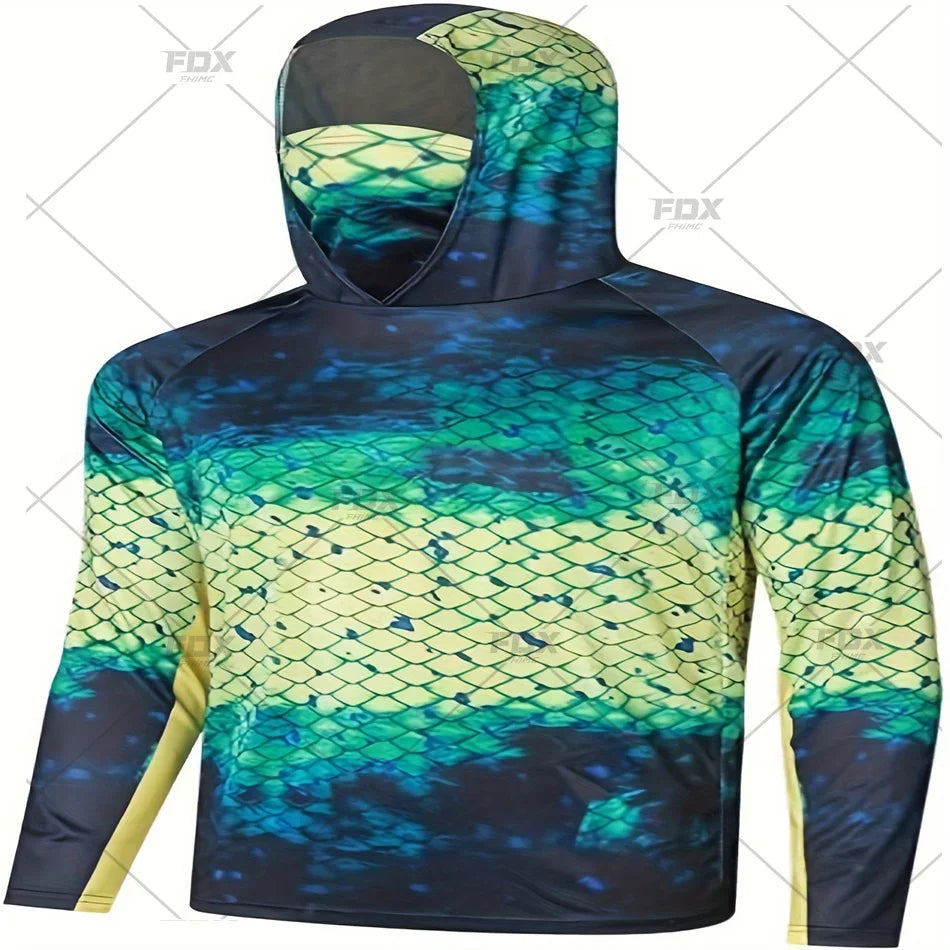 Army Green Camo Colorful Hoodie with Face Mask UV 50+Gaiter Fishing Clothing Men's Long sleeved Breathable Quick Drying T-shirt