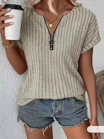 Women's Zipper Stripe Short Sleeve  T-Shirt 2025 Fashion Casual Top for Ladies