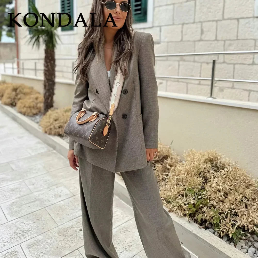 KONDALA 2026 Spring Summer Office Lady Solid Suits Fashion Elegant Double Breasted Tops For Women Chic Zip Up Wide Leg Pants