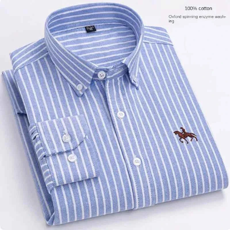 S~7XL 100% Pure Cotton Men's Long Sleeve Oxford Spinning Shirt Business Leisure Embroidery Pocket Slim Fit Button Style Soft Med