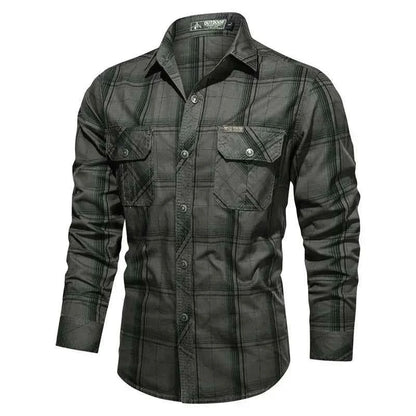 Men Plaid Casual Shirts Male Military Outdoor Loose Multi-pockets Tooling Shirts High Quality Man Large Long-sleeved Shirts 5XL