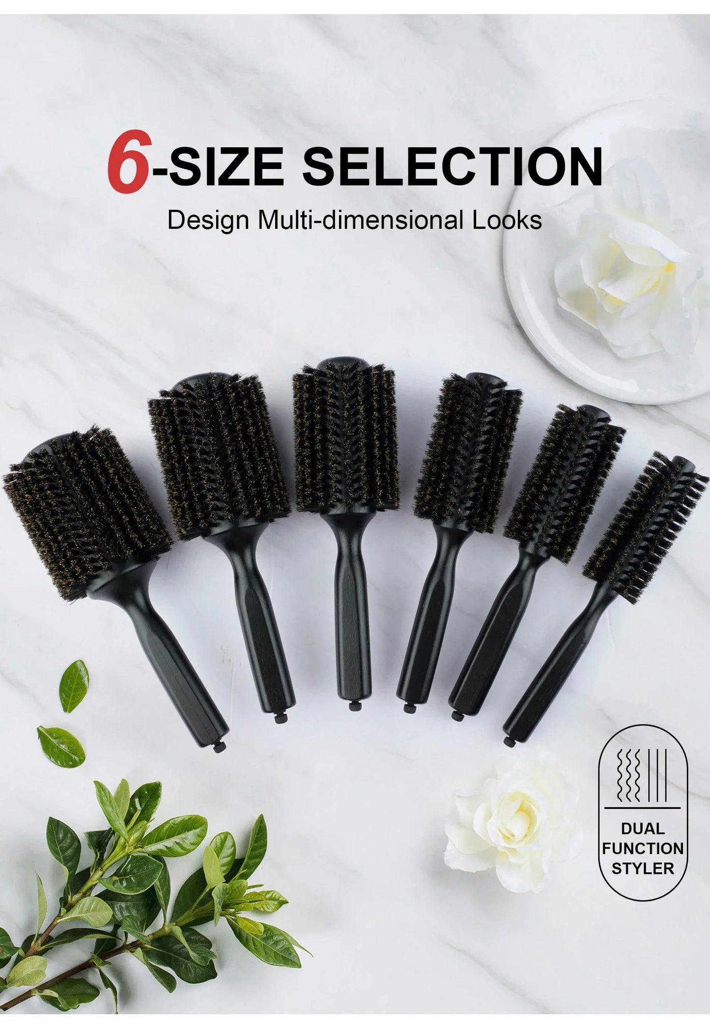6 Sizes Boar Bristle Round Hair Brush Curly Hair Styling Comb Professional Removable Tail Barber Hairdresser Round Rolling Comb