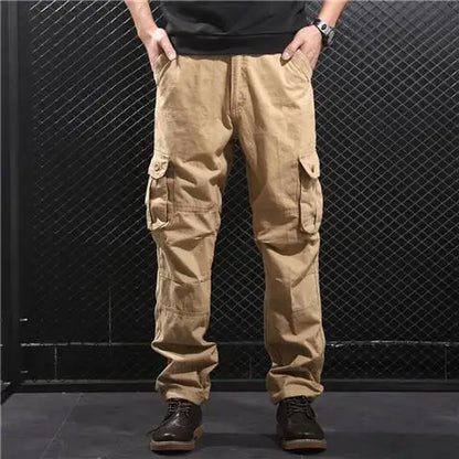 Men's Cotton Cargo Pants – Loose Fit, Multi-Pocket, Camo & Black, Waist 31-36