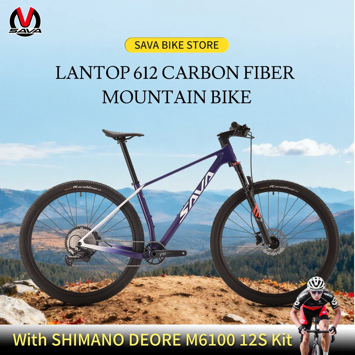 SAVA Men's Carbon Fiber Mountain Bike 12-Speed Adult MTB Bicycle Frame 27.5/29 Inch Shimano M6100 Components