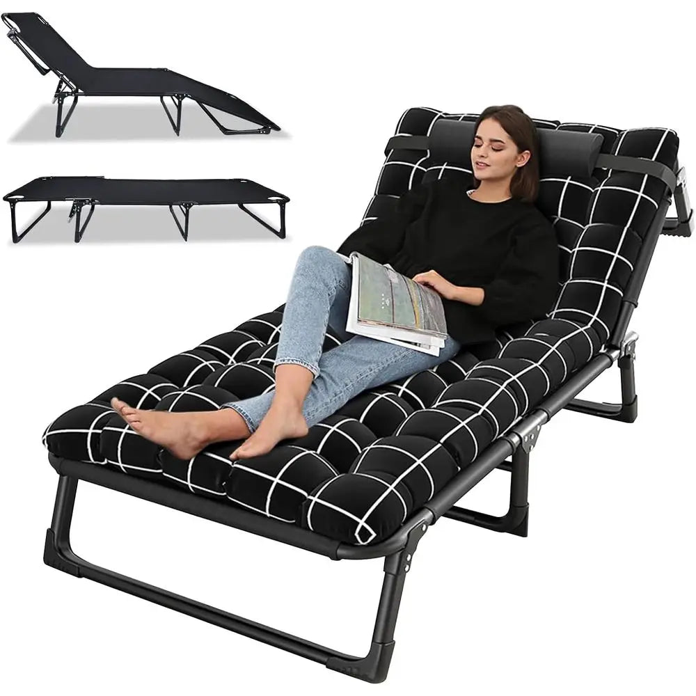 Adjustable Portable Folding Cot with Cozy Mattress and Pillow for Camping, RV Trips, Beach, and Outdoor Naps, Black