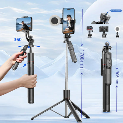 BSLIUFANG 2025 new 1.7M 360° rotation selfie stick tripod foldable stand with Wireless Bluetooth remote control for phone camera