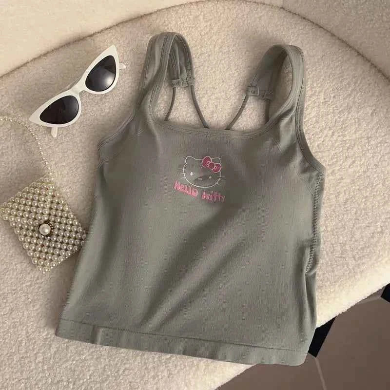 Summer Cute Girly Style HelloKitty Printed Suspender Vest with Chest Pad Slim Pinch Waist Versatile Vintage Top