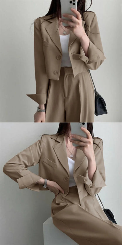 Suit Coat 2 Piece Set Women Blazer Jacket Straight Pants Ensemble Single Breasted Turn Down Collar Trousers Office Lady Outfits