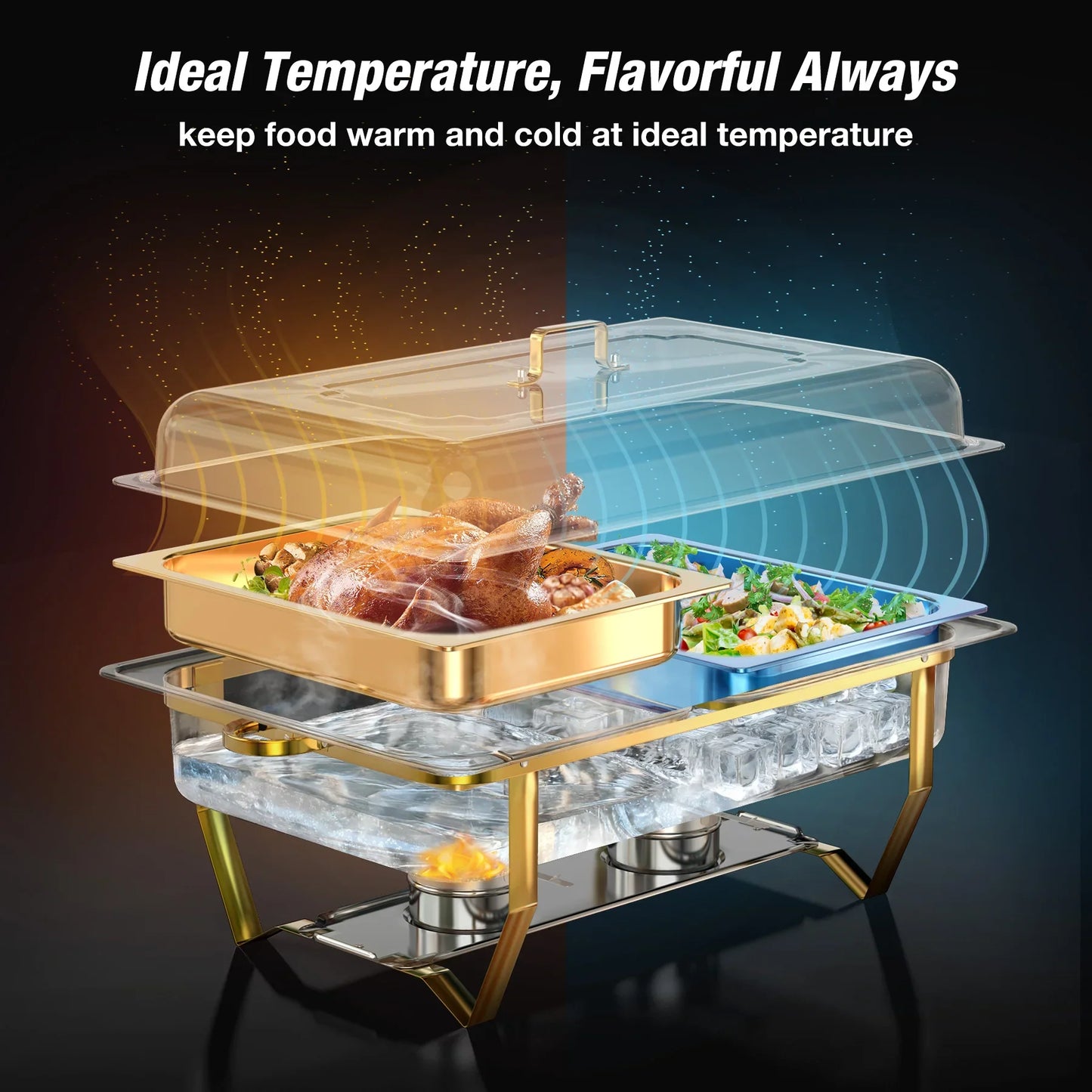 8QT Stainless Steel Chafing Dish Set – Gold, Single/Double/Triple Compartments, 2 or 4 Pack