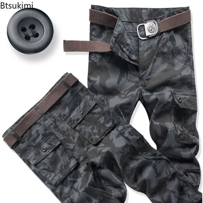 Men's Cotton Cargo Pants – Loose Fit, Multi-Pocket, Camo & Black, Waist 31-36