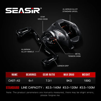 Baitcasting Reel – 7.3:1 Gear Ratio, 6+1 Hybrid Ceramic Bearings, Carbon Fiber Drag, N52 Brake