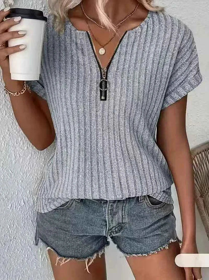 Women's Zipper Stripe Short Sleeve  T-Shirt 2025 Fashion Casual Top for Ladies