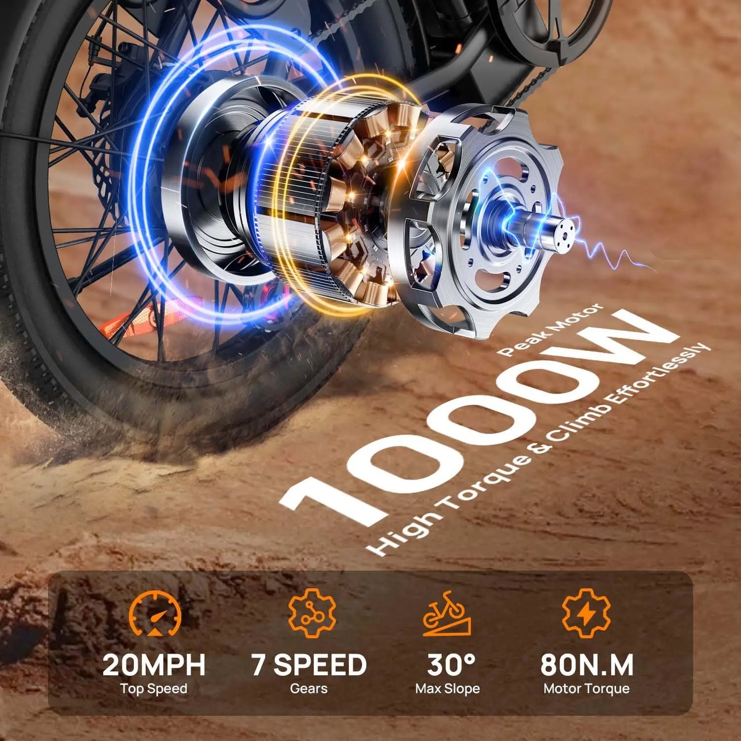 1000W Electric Bike – 48V 13Ah Removable Battery, 20″×3" Fat Tire, 7-Speed, Dual Disc Brakes