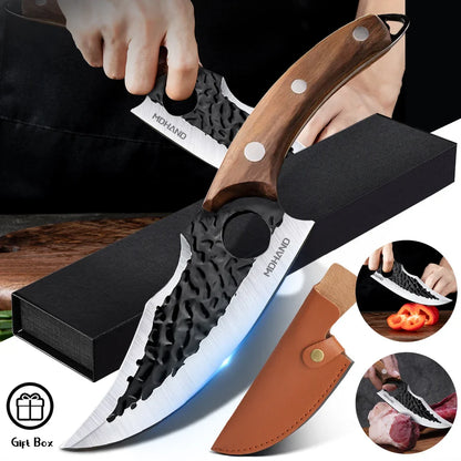 Hand Forged Stainless Steel Chef Knife – 4CR14 Steel, Rosewood Handle, PU Leather Sheath