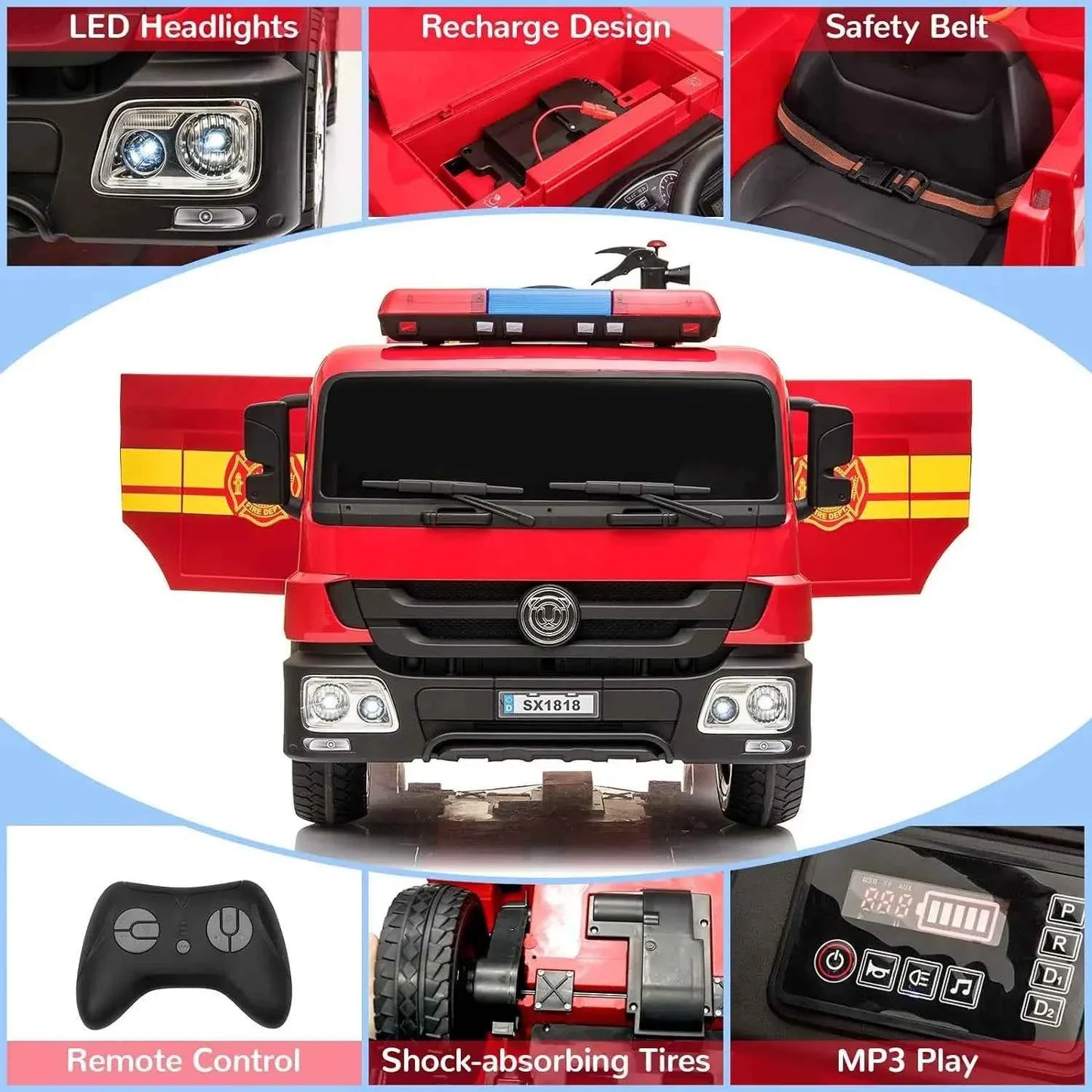 AOOU 12V Ride on Fire Truck, Kids Electric Vehicle, Battery Powered Car Toy w/Remote Control, Power Motorized Driving Car