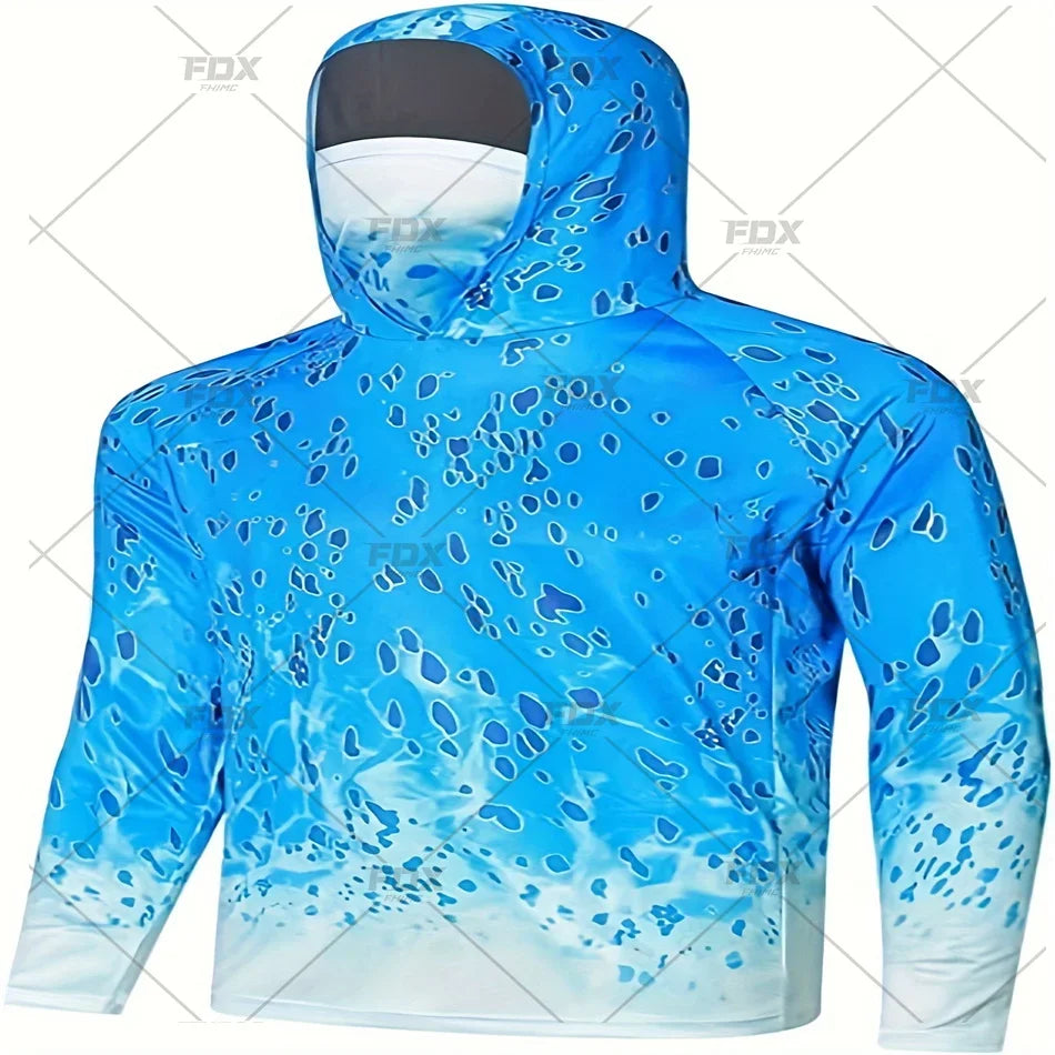 Army Green Camo Colorful Hoodie with Face Mask UV 50+Gaiter Fishing Clothing Men's Long sleeved Breathable Quick Drying T-shirt