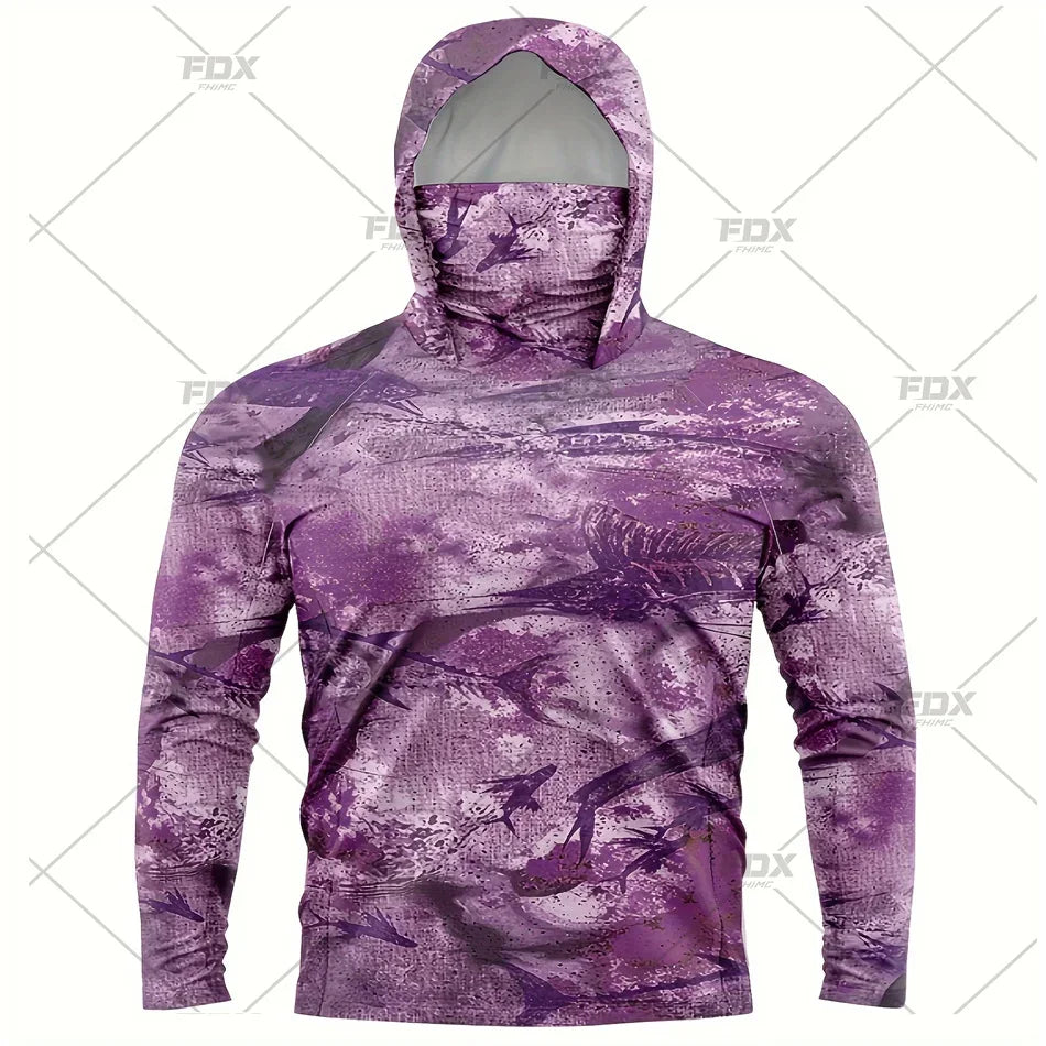 Army Green Camo Colorful Hoodie with Face Mask UV 50+Gaiter Fishing Clothing Men's Long sleeved Breathable Quick Drying T-shirt